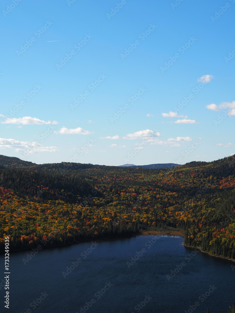 Naklejka premium Autumn forest landscape under blue sky, Sept-Chutes Regional Park