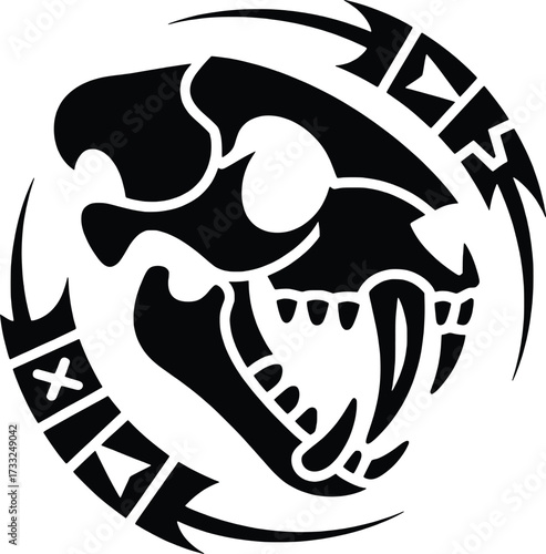 Tribal saber toothed cat skull emblem dynamic circular tribal design