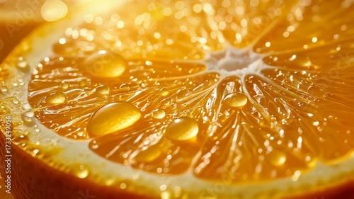Juicy orange slice glistening with fresh water droplets, a burst of citrus flavor and vibrant color
