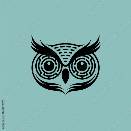 minimal owl head emblem, hypnotic eyes, clean line art, nocturnal wisdom mascot, elegant wildlife vector illustration