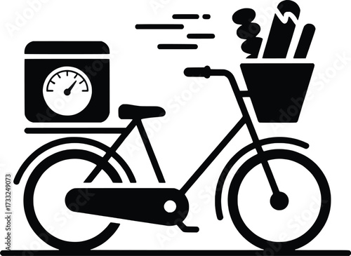 Food delivery bicycle with basket and insulated box speedy service icon