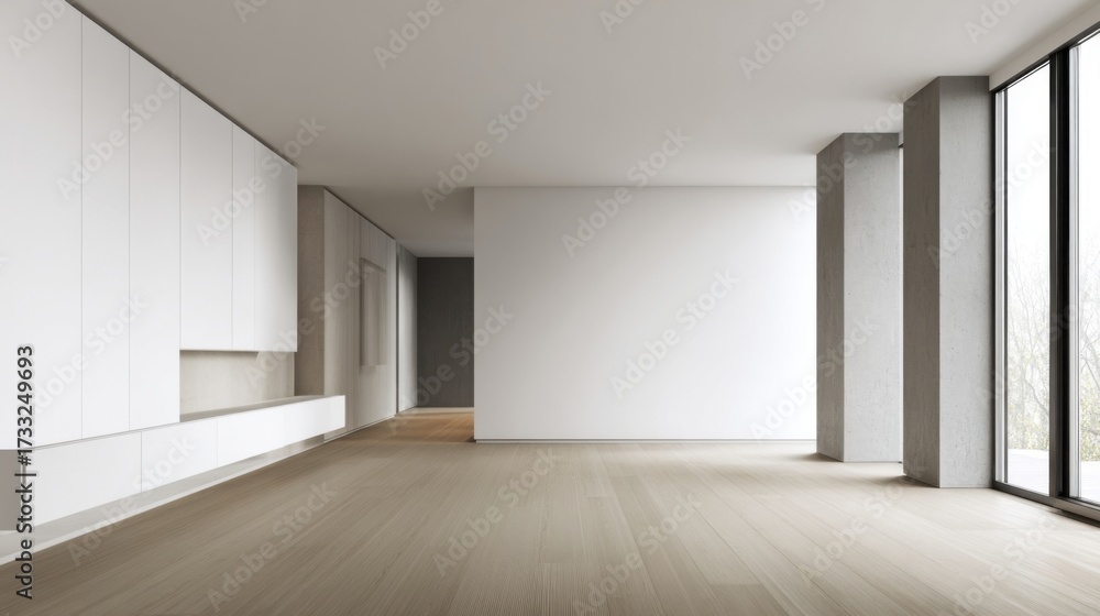 Obraz premium A modern indoor lounge with white cabinets and built-in wall storage,