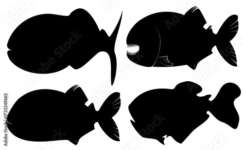 4 sets of piranha fish silhouette doodles, isolated on white background, vector