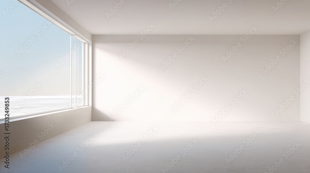 Fototapeta premium A minimalist interior space with large windows, natural light illuminating white walls and floors,