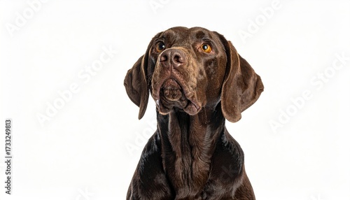 A brown dog looking upwards, with soulful eyes and a clear white background