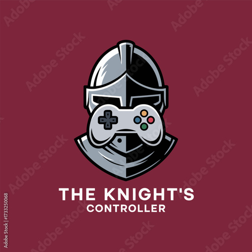 steel knight head with controller, competitive gaming logo, retro badge style, professional streamer brand vector illustration