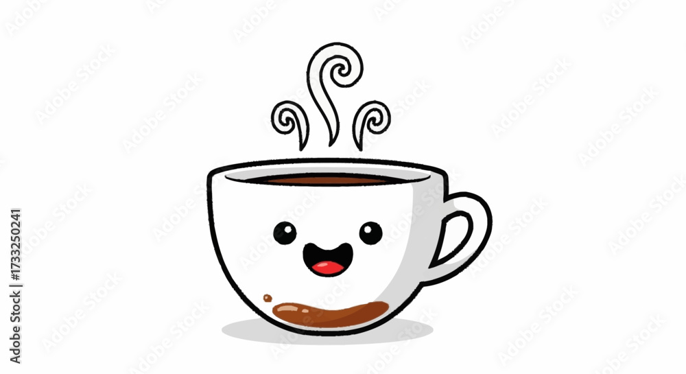 Obraz premium Adorable cartoon coffee cup with happy face and steam, perfect for cheerful designs, menus, and delightful branding, bringing joy to coffee lovers