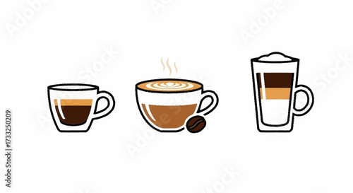Enjoy a delicious coffee break with a fresh brew of espresso, cappuccino, and latte for a perfect cafe experience, showcasing coffee art