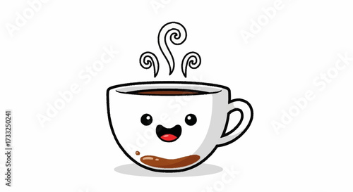 Adorable cartoon coffee cup with happy face and steam, perfect for cheerful designs, menus, and delightful branding, bringing joy to coffee lovers