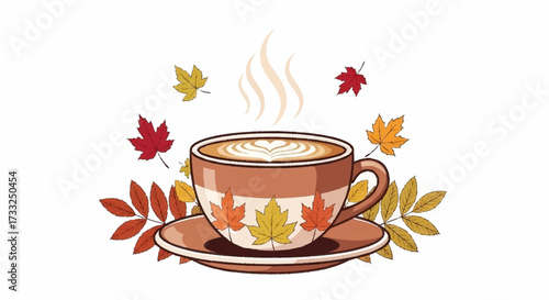 Cozy autumn coffee with steaming latte art and falling maple leaves creates a warm, inviting fall season atmosphere.