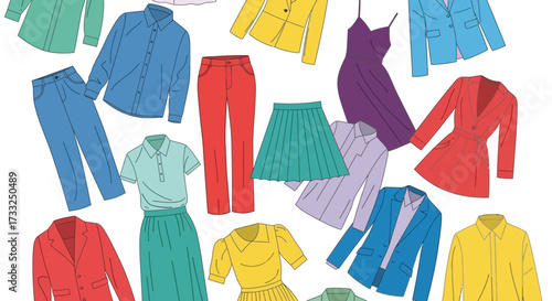 An assortment of colorful clothing items including shirts, pants, dresses, skirts, and jackets are scattered across a white background.