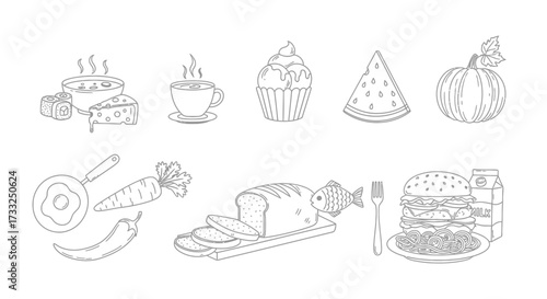 A collection of various food items and beverages, all depicted in simple, line-art style.