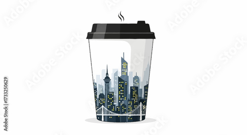 Vibrant cityscape with illuminated skyscrapers and bridge artfully contained within a steaming coffee cup, symbolizing urban energy and morning inspiration.