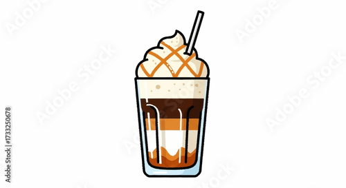 Indulgent layered caramel coffee drink with whipped cream and drizzle, perfect for cafe menus and summer refreshment promotions.