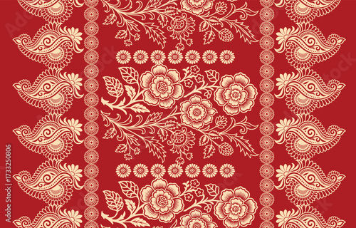 floral pattern vintage ethnic modern embroidery texture boho design vector illustration hand drawn pink flower motif branches leaves wallpaper seamless background border.