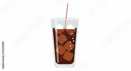 Refreshing iced cola with straw and ice cubes in a clear glass feels cool and bubbly, perfect for summer refreshment advertising.