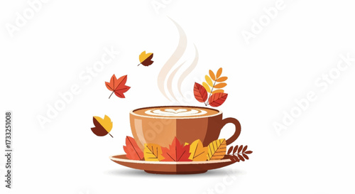 Cozy autumn latte art steaming in a warm cup surrounded by vibrant falling leaves, perfect for seasonal cafe promotions