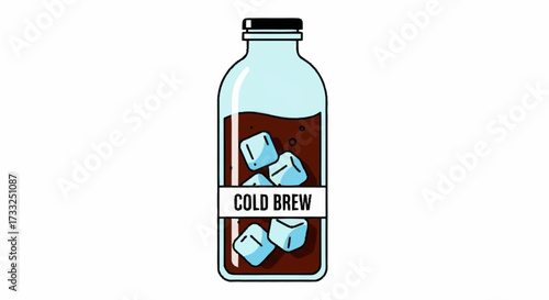 Refreshing cold brew coffee bottle with ice cubes, perfect for summer refreshment and cafe branding needs.