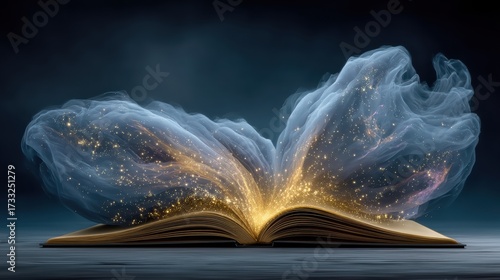 The Enchanted Open Book: A Journey Beyond Imagination Illuminated by Glowing Light and Floating Particles