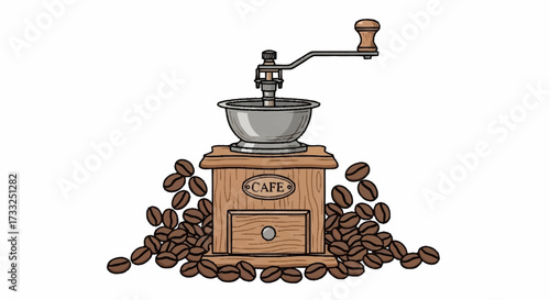 Vintage wooden coffee grinder with abundant roasted beans evokes artisanal cafe charm and rich aroma, perfect for beverage branding.