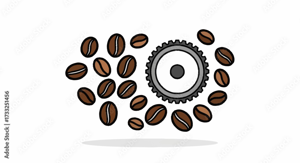 Obraz premium Dynamic coffee beans swirl around industrial gear, symbolizing energy, production, and the drive of modern business innovation.