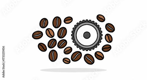 Dynamic coffee beans swirl around industrial gear, symbolizing energy, production, and the drive of modern business innovation.