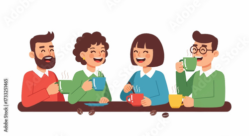 Joyful friends sharing laughter and warm drinks during a cozy coffee break, creating vibrant social connections.