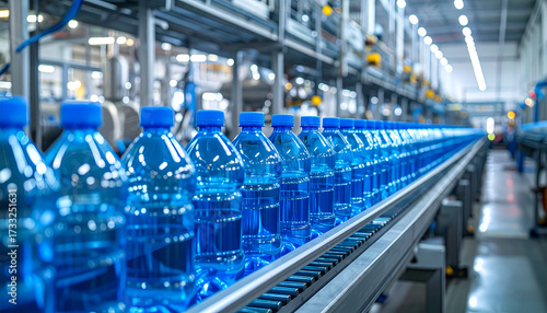 Mineral drinking water bottles in the packaging process at the factory