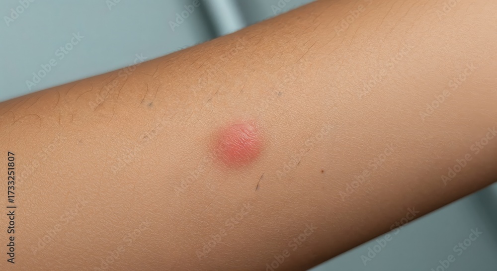 Fototapeta premium Skin Irritation Close-up: A close-up shot of a reddened skin reaction on an arm, revealing details of the irritation's texture and form.