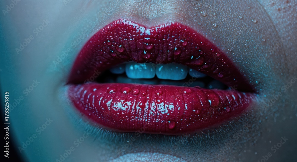 Obraz premium Sensual Lips: Captivating close-up of full, luscious lips adorned with a vibrant red lipstick, glistening with delicate water droplets, embodying beauty and allure.