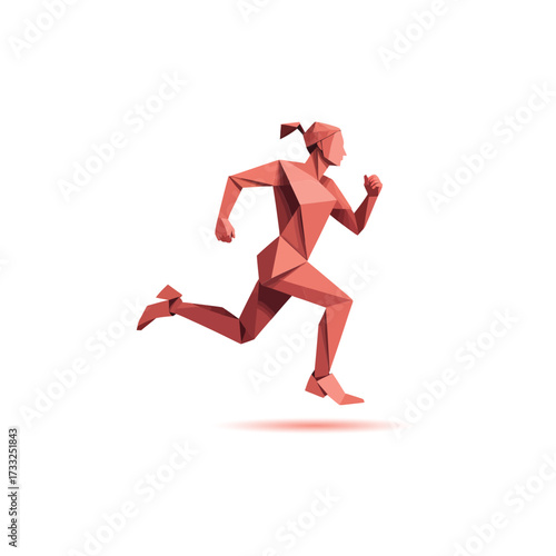 Faceted runner silhouette, polygon athlete in motion, healthy lifestyle poster, track training concept, dynamic sports vector design