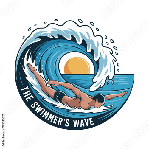 Swimmer wave emblem, athlete cutting through ocean crest, sunrise background circle, aquatic sports badge, adventurous seaside vector