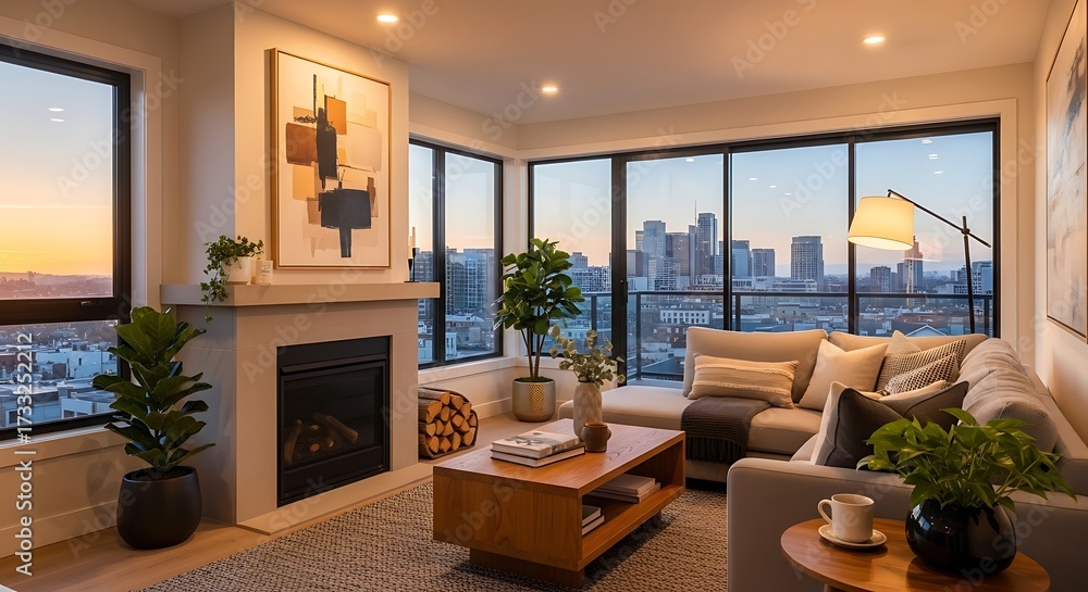 Fototapeta premium Modern Living Room with City View.