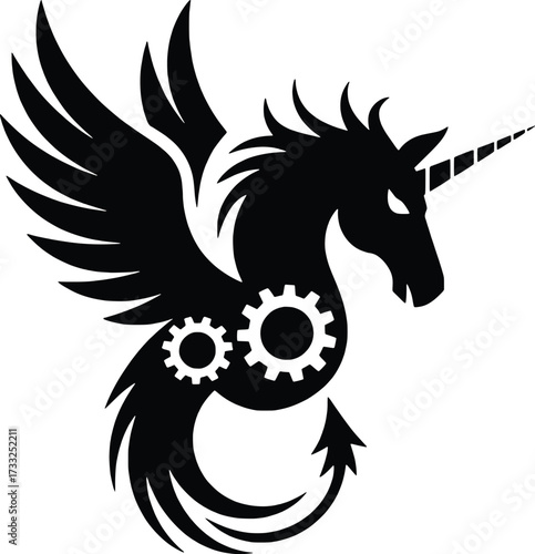 Steampunk pegasus silhouette mythical creature with gears and horn