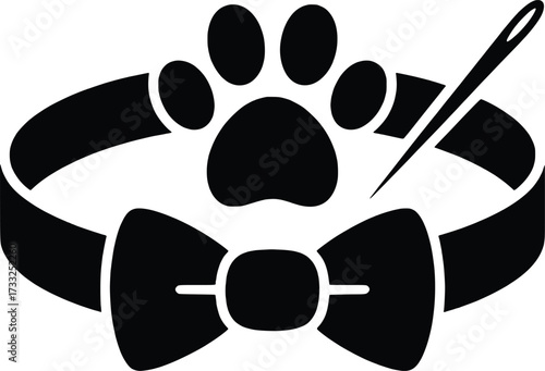 Pet clothing sewing service emblem with paw print bow tie and needle