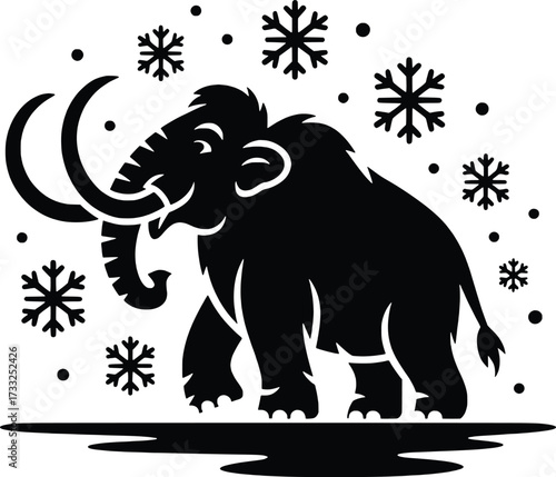Majestic mammoth silhouette roaming through a winter wonderland with snowflakes