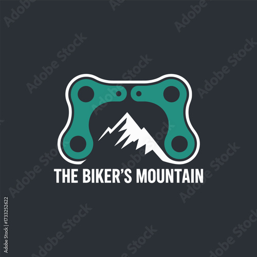 Biker mountain emblem, chain plate outline, rugged outdoor terrain, cycling adventure identity, strong mechanical branding, bold vector design