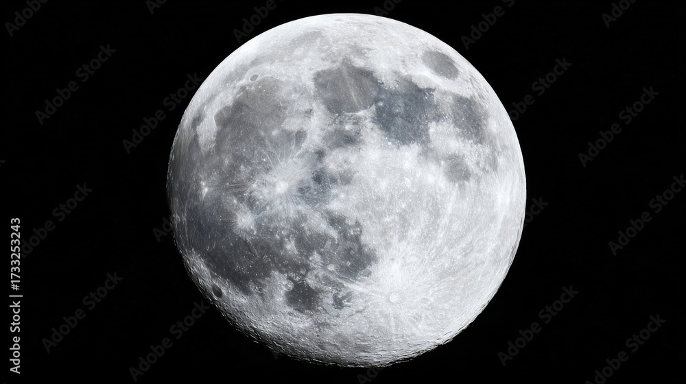 Obraz premium Close-up view of the full Moon with detailed surface features including craters, mountains,