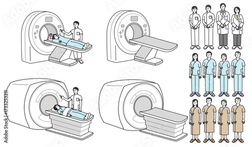 Vector illustration set of people performing CT and MRI scans, technicians and doctors.　MRI,CT検査をする患者　患者,医者,医療従事者のベクターセット