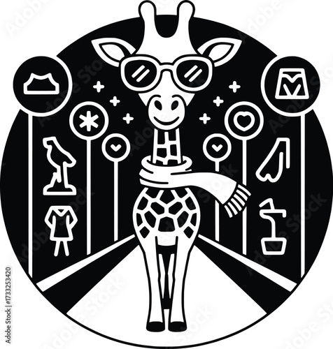Whimsical giraffe in scarf and sunglasses on stylized road