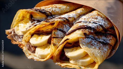 Delicious French Crepes Filled with Nutella and Bananas Served in a Paper Cone on a Sunny Street
