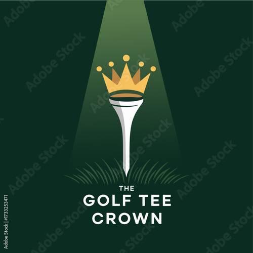 golf tee crown logo, championship symbol, elegant sport badge, minimal green background, premium tournament identity, vector illustration