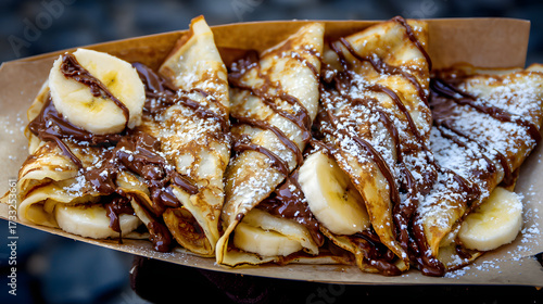 Delicious French Crêpes with Nutella and Sliced Bananas on a Rustic Street Style Presentation