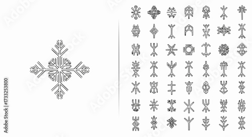 Collection of ancient symbols and runes with snowflake design