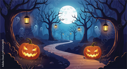 A spooky autumn forest path at night with jack-o-lanterns, bare trees, and lanterns under a full moon, conveying a eerie and festive mood.