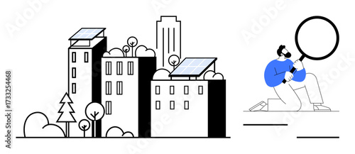 Urban skyscrapers with solar panels framed by trees and greenery, paired with a person using a magnifying glass. Ideal for sustainability, renewable energy, innovation, urban planning, environmental