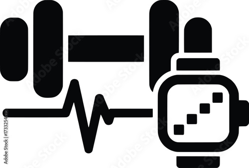 Fitness tracker smartwatch and dumbbell with heartbeat line icon symbol