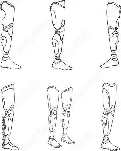 Line art illustration of prosthetic legs showing different angles and perspectives