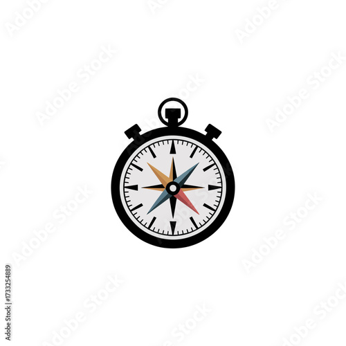 compact compass stopwatch icon, minimal travel symbol, navigation timing device, expedition equipment graphic, explorer mapping badge, vector