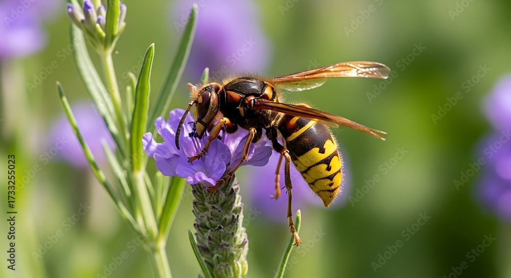 Naklejka premium Detailed closeup of a European hornet feeding on a vibrant purple lavender bloom in natural light